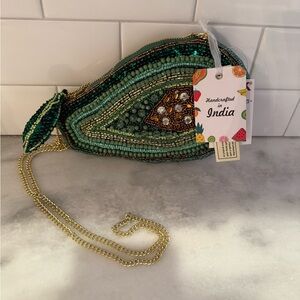 Made in India Green Beaded avocado Crossbody Bag with Gold Chain -NWT